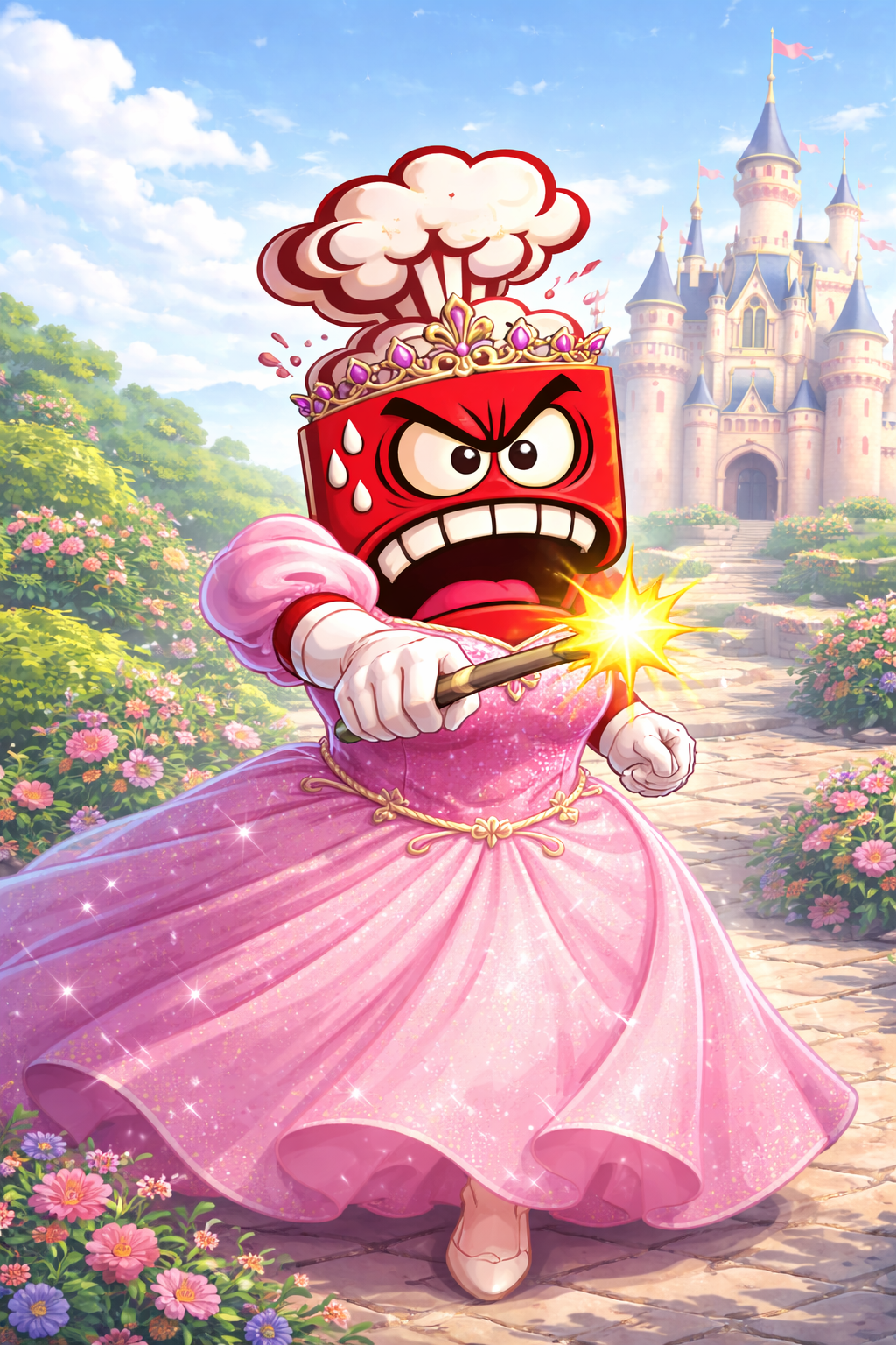 The princess character with wand in front of a castle